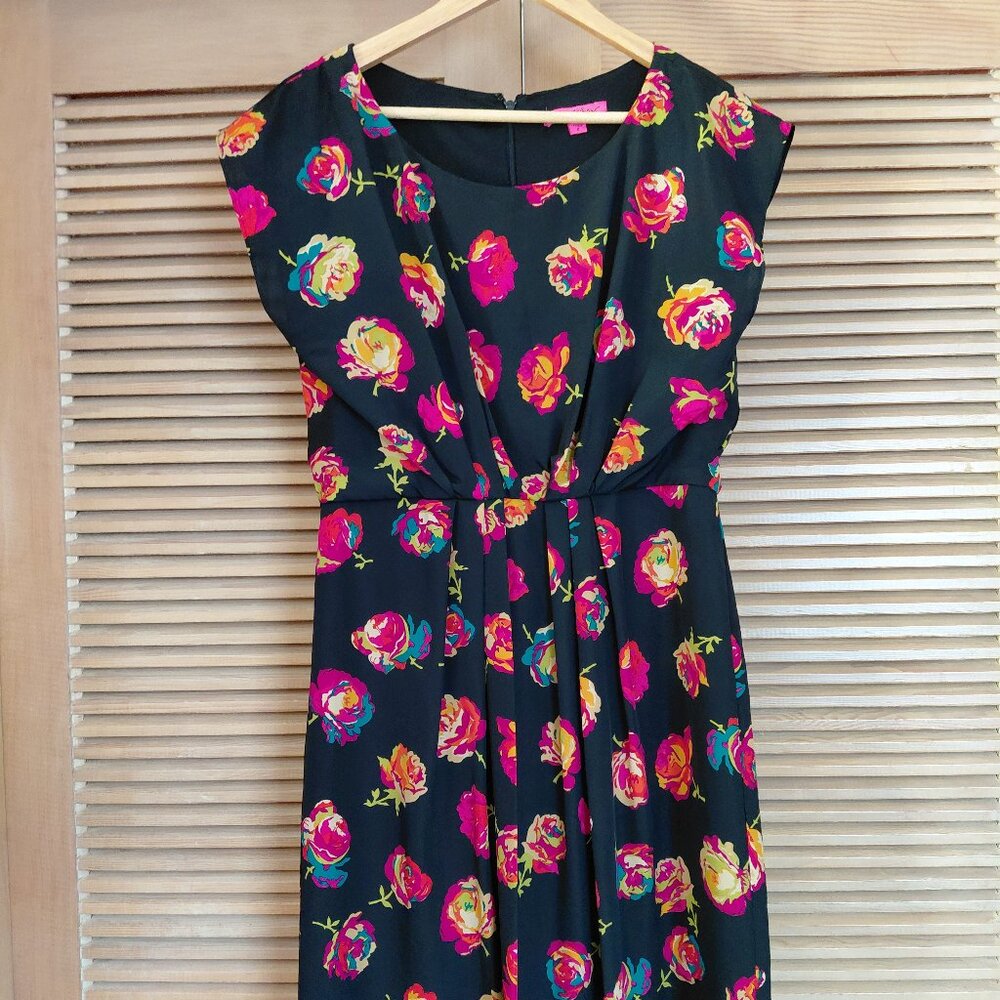 Betsey Johnson Black Rose Floral Mini Dress Gathered Waist Size 8
